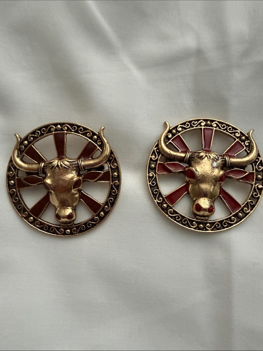 Brass Bull Head Wall Accents with Red Inlay - Pair